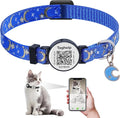Breakaway Cat Collar with QR Code ID & Modifiable Profile, Upgraded Reflective Safety Collar - Free Lifetime Replacement, Adjustable Nylon, Star Moon Design (Blue)