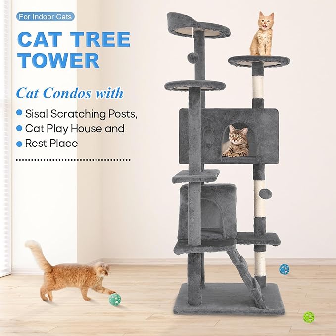 FDW | 54" Cat Tree Tower | Light Gray | Multi-Level Indoor Activity Center with Sisal Scratching Posts, Condos, Plush Perches, Hanging Cat Toys | Sturdy, Easy to Assemble | for Kittens & Adult Cats