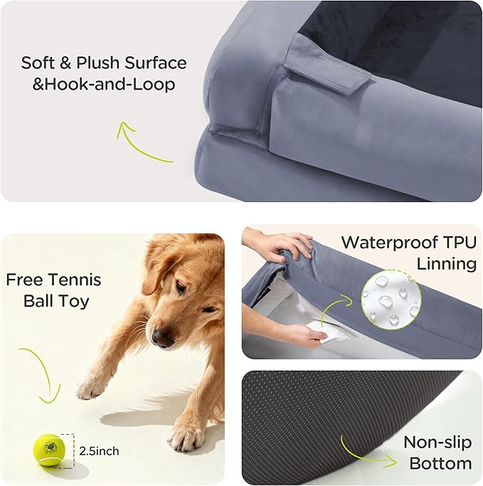 Orthopedic Dog Bed for Extra Large Dogs, XXL Waterproof Egg Crate Memory Foam Pet Bed Bolsters with Removable Washable Cover & Non-Slip Bottom, Tennis Ball Toy, 45x35