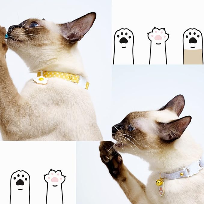2 Pack Star Cotton Breakaway Cat Collars with Bell Egg Cat Paw Pendant Kitty Kitten Collars Yellow Purple Collar for Female Girl Cats Male Boy Cats