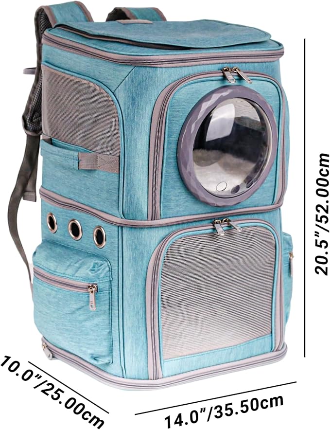 2-in-1 Pet Carrier Backpack for Two Cats or One Dog, Green Double-Layer 2 Compartment Carry Bag to Transport Small Animals Traveling and Hiking, Space Capsule Clear Bubble Dome