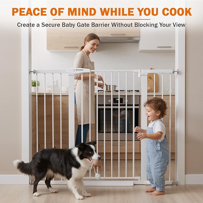 Mumeasy 36" Extra Tall Baby Gate for Stairs, 29.7-51" Wide Dog Gates Indoor for Doorways with Easy Walk Thru, Auto Close Pet Safety Gate for House, Pressure Mounted Metal Child Gate with Door, White