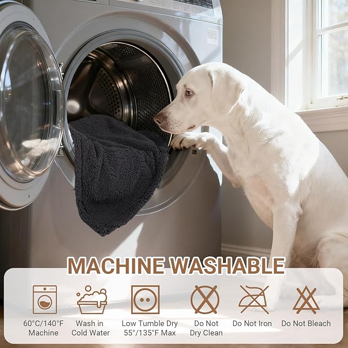 Waterproof Dog Blanket for Large Dogs - Reversible Washable Pet Blanket, Soft Sherpa Fleece Furniture Protector, Cat Throw Bed Couch, Grey, 60"x80"