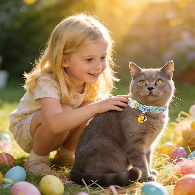 Cat Collar,2Pack Easter Day Cat Collars Cute Breakaway Kitty Collars,Easter Chicks & Carrots Cat Collar with Bell, Spring Pink Bow Kitten Collars with Safety Buckle for Girl & Boy Cats