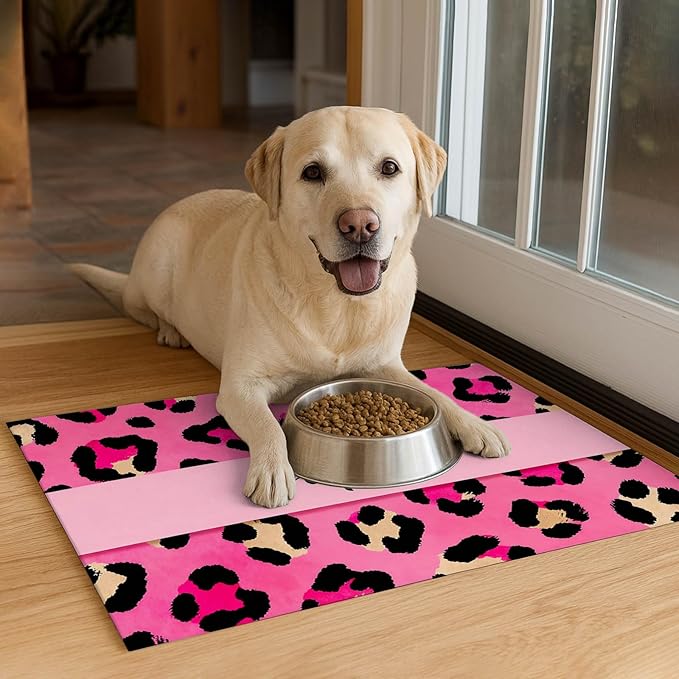 Puppy Feeding Mat 24x16 inch Hot Pink Leopard Print Pet Bowl Placemat Non Slip Floor Mat for Food and Water Indoor Dog Feeding Station Cute Meal Pad for Small Pets Kitchen Use