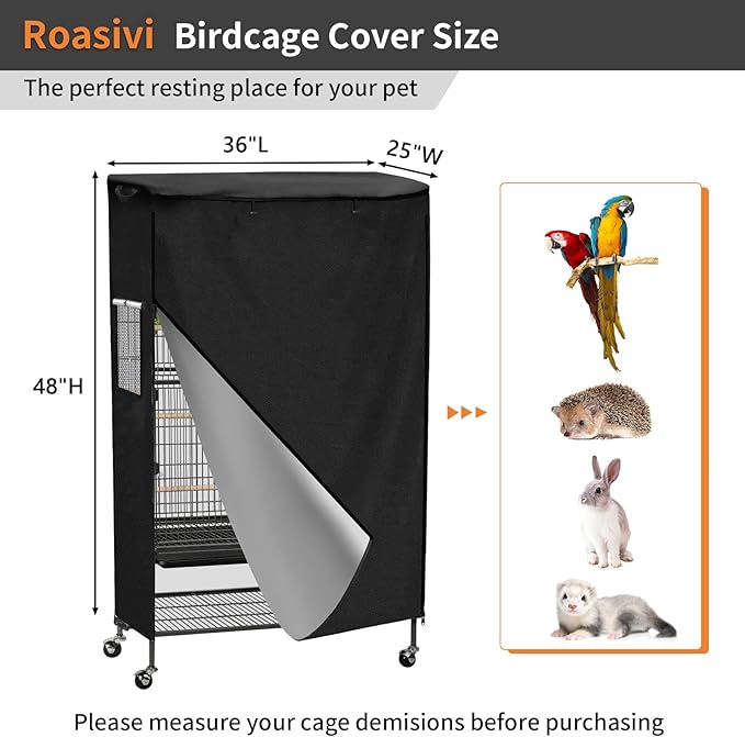 Roasivi Universal Large Birdcage Cover Black Out and Breathable Cages Cover for Parrots and Other Small Animals Durable Waterproofing Washable Material 36" L x 25" W x 48" H Black