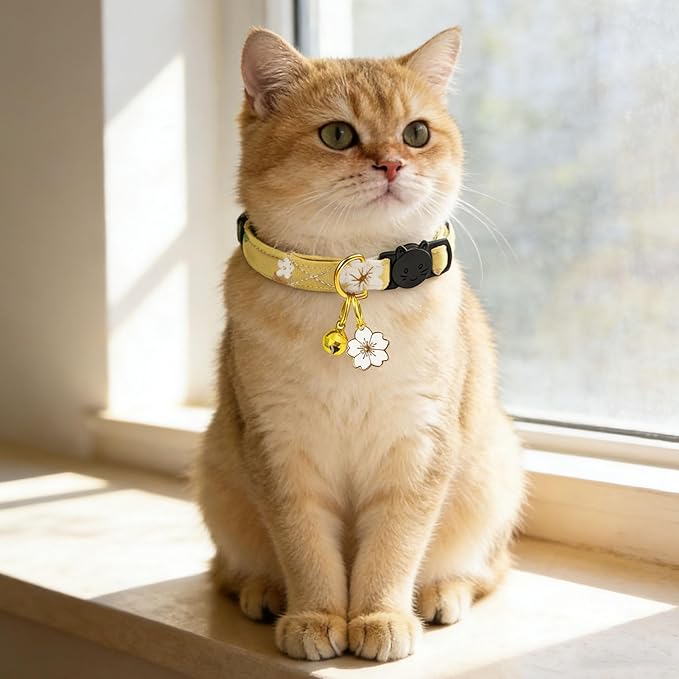 2 Pack Cotton Breakaway Cat Collars Set with Bell and Flower Pendant, Cute Floral Fruit Patterned, Adjustable 7.5-11Inch, Include A Mouse Toy Gift (Yellow+Navy Flower)