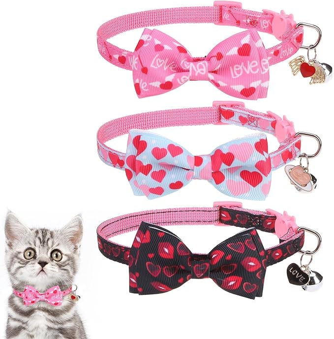 KOOLTAIL Pink Cute Cat Collars Breakaway with Bowtie and Bells, 3 Pack Girl Kitten Collars, Adjustable Safety Buckle Heart Charm Pendant Pet Collars for Kitty Boys Girls Cats Holiday