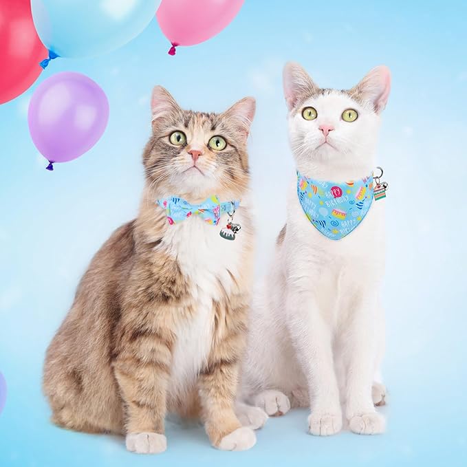 SCENEREAL Cat Bandana Collars for Birthday - 2 Pack Breakaway Kitten Collars with Bell Bowtie, Accessories for Pet Collars, Adjustable Cute Cat Collars for Cats and Small Dogs Boys Girls, (Blue)