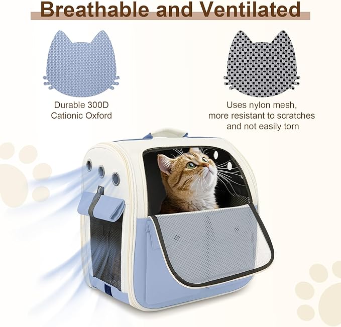 Airline Approved Cat Carrier Backpack - Ventilated Breathable Mesh for Small Dogs & Cats (15lbs), Soft Sided Dog Backpack for Hiking, Camping, Travel & Vet Visits with Padded Straps (Blue)