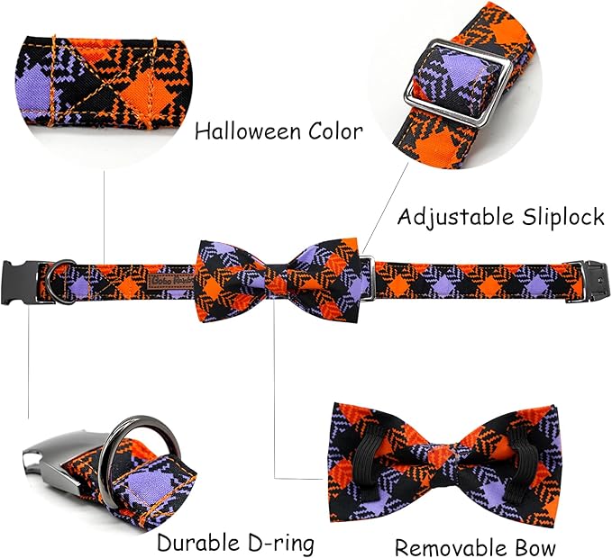 Halloween Dog Collar, Pet Collar Bow Plaid Collars Girl Boy Holiday Pet Collars Gift Bow Dog Collar Cute Soft Puppy Collar for Large Dogs