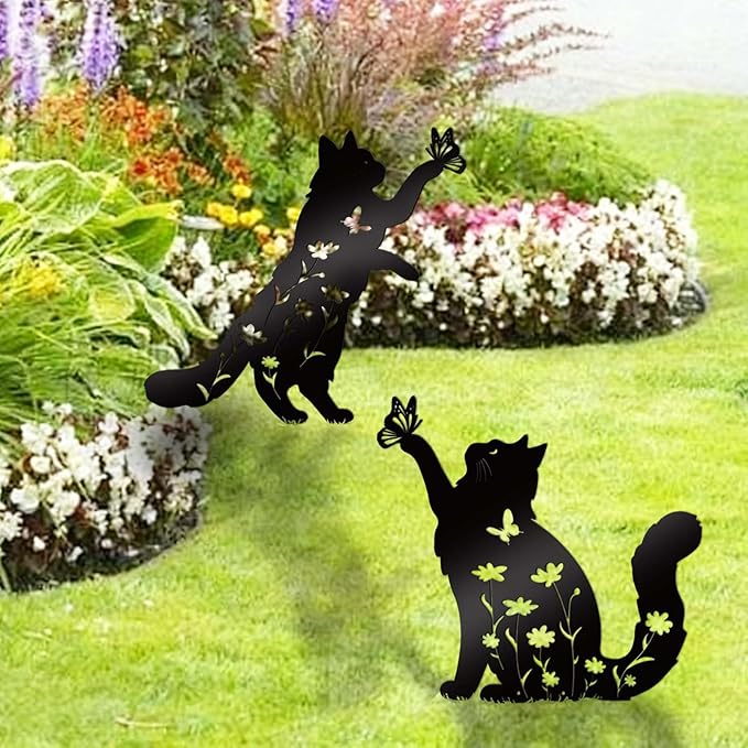 Bnesi Floral Long-Haired Cat Yard Decor Pet Grave Markers Metal Sign Silhouette Garden Ornament Pet Grave Markers Outdoor Cat Memorial Gift Flowerbed Decor (Lively)