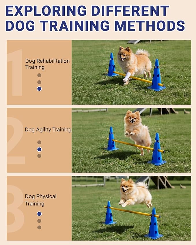 Dog Agility Course Backyard Set, Dog Agility Hurdle Cone Set with Height Adjustable Crossbar for Rehabilitation & Beginners, Dog Agility Equipment for Dog Obstacle Course - 12 Inch