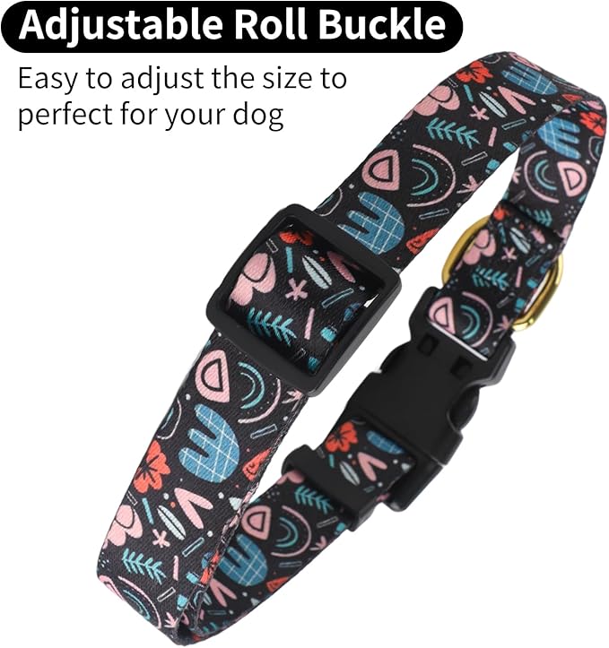 QQPETS Adjustable Soft Dog Collar: Print Flower Pink Multicolor Cute Patterns for XS Small Medium Large Pet Girl Boy Puppy Walking Running Training