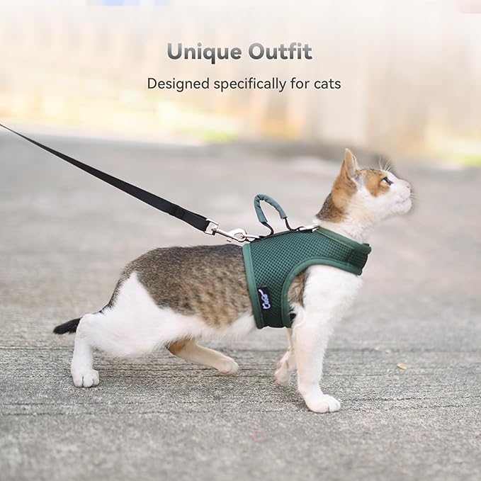 Cat Harness and Leash for Walking Escape Proof Breathable Mesh Fabric, Solid Green, Extra Large, Adjustable Cat Walking Jackets with Handle, Padded Stylish Cat Vest