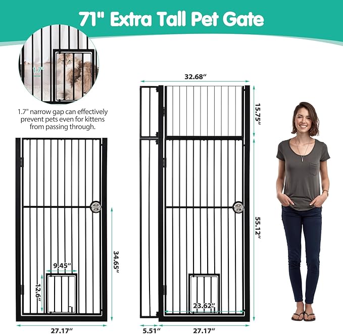 71" Extra Tall Pet Gate with Cat Door, 30"-37.5" Adjustable Wide, No Drill Pressure Mounted Auto-Close Safety Pet Gate Walk Through Safety Cat Gate