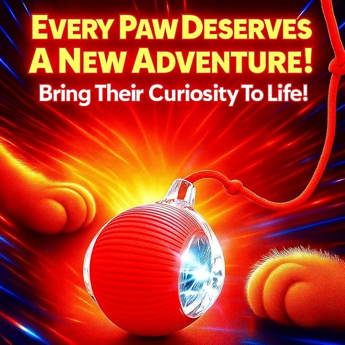 Interactive Electric Automatic Rolling Moving USB Rechargeable Self Activated Play Stimulation Toy Smart Chase Teaser Ball with Speedy Tail Rope for Bored Adult Indoor Cats and Dogs, Red Color