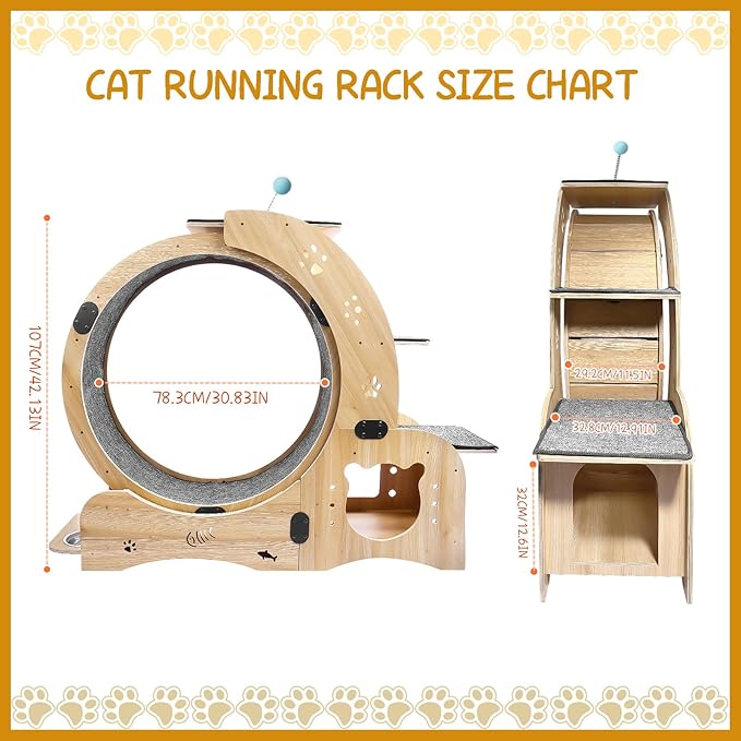 6-in-1 Cat Exercise Wheel - Quiet Wood Cat Treadmill with Cat House, Tree & Feeding Bowls - Sturdy Indoor Cat Activity Center for Running & Play - Large Cat Furniture with Scratching Pad