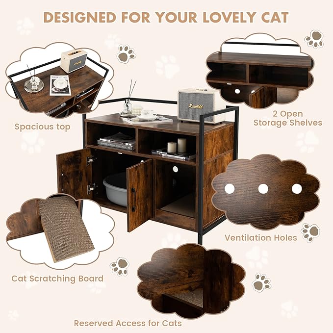 Giantex Cat Litter Box Enclosure - Cat Washroom Hidden Furniture with Front Entry, Scratcher, 2-Door Storage Cabinet, 2 Compartments, Air Vents, Metal Frame, Wooden Pet Crate House (Rustic Brown)