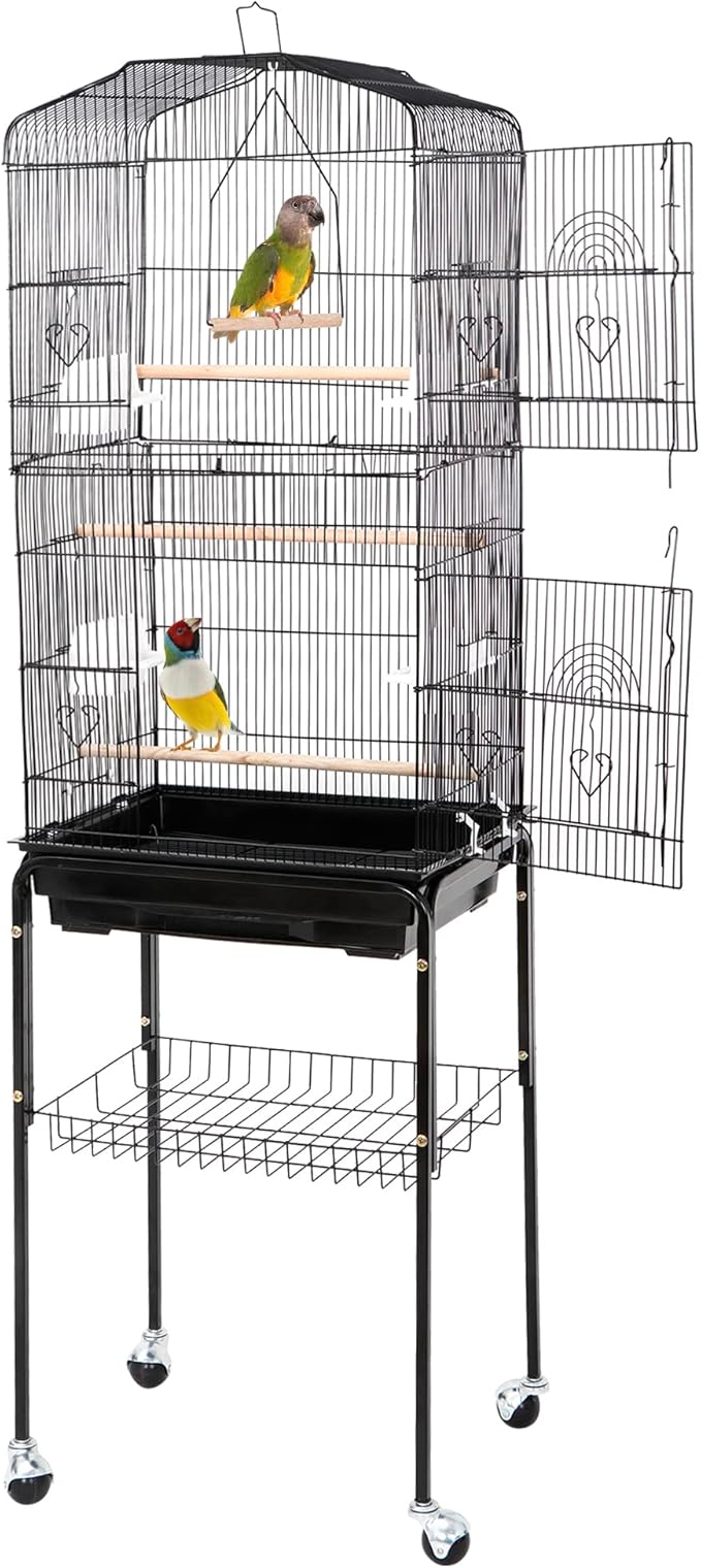 ZENY 63.4 Inch Bird Cage, Rolling Wrought Iron Parrot Cage with Side-Out Tray, Storage Shelf, Pet Bird House for Parrot Cockatiel Cockatoo Parakeet Macaw Finches