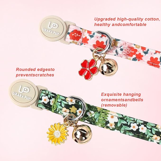 Cat Collar, 2Pack Flower Cats Collars-Cute Summer Breakaway Cat Collar with Bell & Pendant, Pretty Flower Kitten Collars with Safety Buckle for Girl & Boy Cats, 7-12Inch
