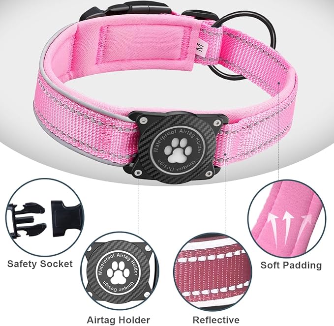 Airtag Dog Collar with Waterproof Air Tag Holder, Luminous Reflective, Soft Padded, Adjustable Nylon Pet Collar for Small Medium Large Heavy Duty Dogs,Pink, S