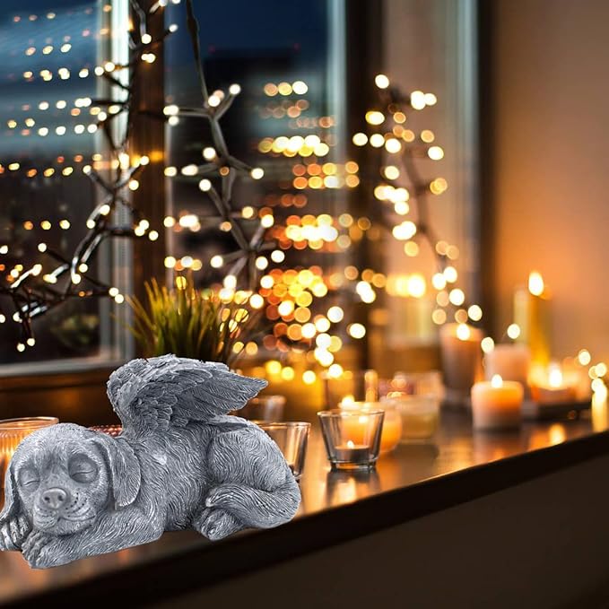 Dog Memorial Stone Resin Statue Pets Sleeping Angel Dog Keepsake Marker Grave Handmade for Cemetery
