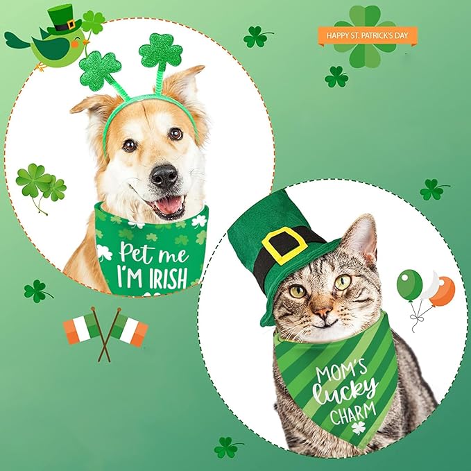 St Patrick's Day Dog Bandanas - Lucky Shamrock Puppy Scarf - 2 Pcs Adjustable Triangle Double-Layer Reversible Pet Bandanas for Small Medium Large Dogs