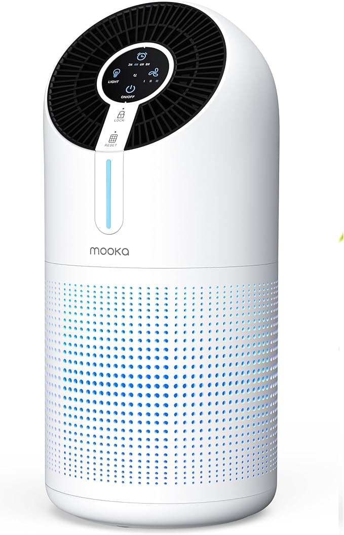 MOOKA Air Purifiers for Home Large Room up to 1095ft², H13 HEPA Filter Air Cleaner for Pets Bedroom Remove Smoke Dust Pollens Dander, Room Air Purifier with Timer Lock 4 Modes Night Light, M02
