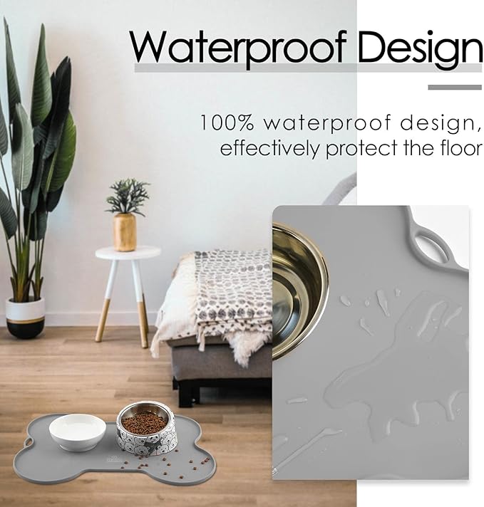 Super Design Dog Food Mat Dog Bowl Tray for Food and Water, Silicone Non-Spill Waterproof Pet Feeding Mat Puppy Placemat Easy-Clean, 20.5" x 14.5", Grey