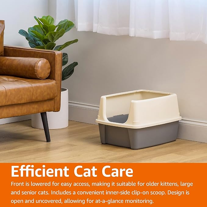 Amazon Basics Large Cat Litter Box with High Sides, Open Top for Easy Access, Includes Scoop with Storage, 19" x 15" x 11.75", Grey/Beige