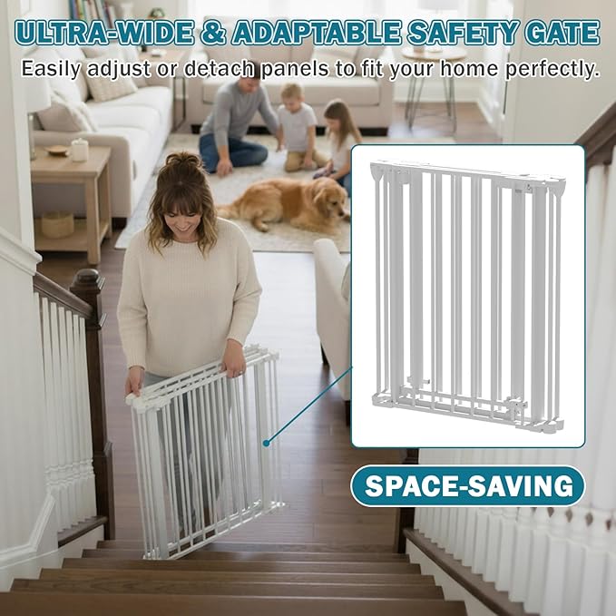 Mumeasy 80" Extra Wide Baby Gate for Doorways, Stairs & Fireplace, Auto Close Dog & Pet Gate with Walk Thru Door, 3 Metal Panels, Hardware Mounted Child Safety Fence for House, Indoor/Outdoor, White
