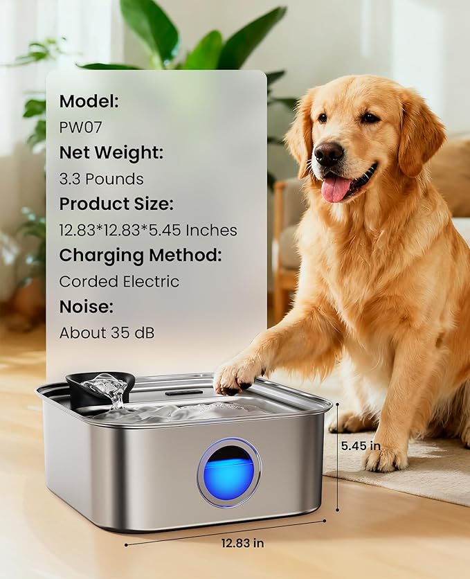 oneisall Dog Water Fountain for Large Dogs, 10L/2.6Gal Dog Fountain Water Bowl with Multi-Filtration & Deeper Drinking Aera, Large pet Water Fountain with Water Window & LED, Ultra-Quiet