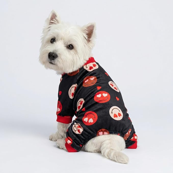 Fitwarm Hearts Eyes Smily Face Dog Pajamas, Cozy Valentines Outfit for Small Dogs Boy Girl, Festive Pet Clothes, Black, Red, XXL