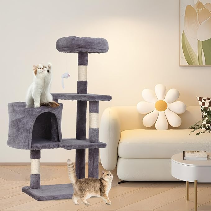 FDW | 36" Cat Tree Tower | Light Gray | Multi-Level Indoor Activity Center with Sisal Scratching Posts, Condos, Plush Perches, Hanging Cat Toys | Sturdy, Easy to Assemble | for Kittens & Adult Cats