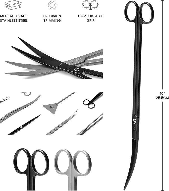 UNS Aquascaping Tools - Stainless Steel, Rust Resistant, Freshwater Planted Tank, Saltwater Reef Aquarium Maintenance Accessory - Trimming Stems & Carpets, Coral Cutting - Curved Scissors, Black