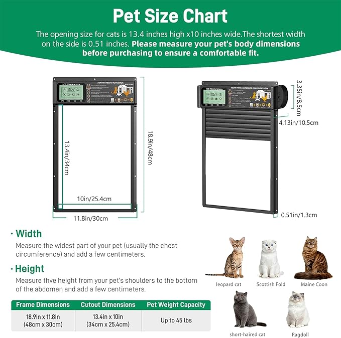 Cat Door, Cat Door Interior Door Radar, Timer & Light Sensor Modes, Solar & USB Pet Door, Durable Aluminum, Weatherproof, No Training, 10"×13", 24/7 Operation for Small Cats Up to 45 lb