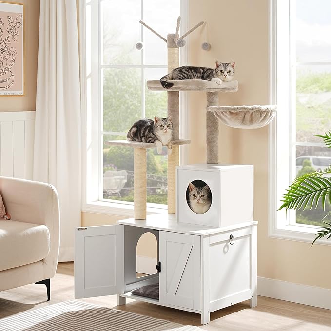 HOOBRO Cat Tree Tower with Litter Box Enclosure for Indoor, Wooden Cat Condo with Scratching Posts, Litter Box Furniture Hidden, All-in-One Cat House, White WT15MZ03