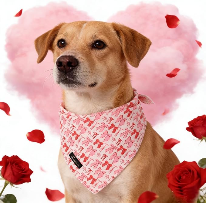 ARING PET Valentine's Day Dog Bandana, Cute Pink Bow Pet Bandanas Scarf Triangle Bibs Handkerchief for Puppy Small Medium Large Boy Girl Dogs-L
