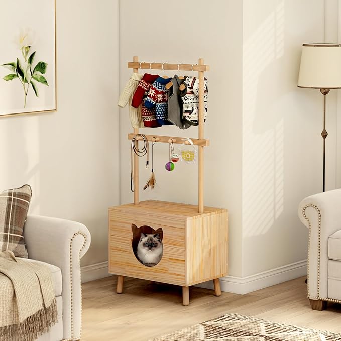 LOYIGA Cat House Side Table,Dog Closet Wooden Pet House Kitten Clothes Rack,Indoor Cat Activity Center for Toy Organization,No Paint (Natural)
