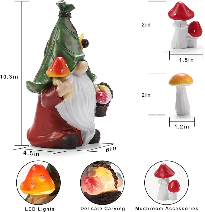 Mushroom-Picking Gnome Solar Garden Statue with 3 LED Lights, Set with 1 Gnome and 2 Small Mushroom, Lovely Garden Gnome Set for Patio, Yard, Lawn Ornament, Outdoor Christmas Decor