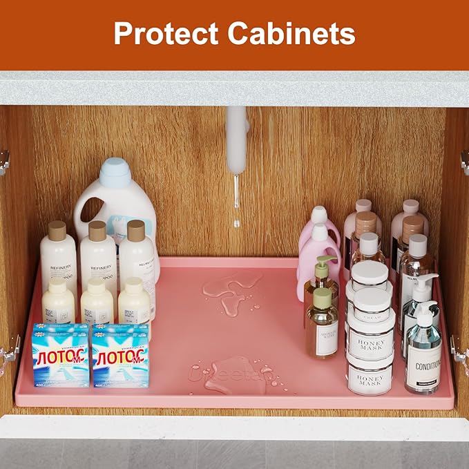 Extra Thick Silicone Mat Waterproof with Raised Edge 34" x 22", Under Sink Mat for Kitchen & Bathroom, Kitchen Cabinet Liner, Multi-Purpose for Storage & Protection, Pink
