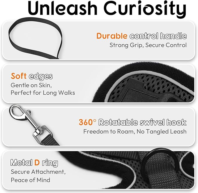 Dooradar Cat Harness and Leash Set, Escape Proof Safe Adjustable Kitten Vest Harnesses for Walking, Easy Control Soft Breathable Mesh Jacket with Reflective Strips for Cats, Black, M