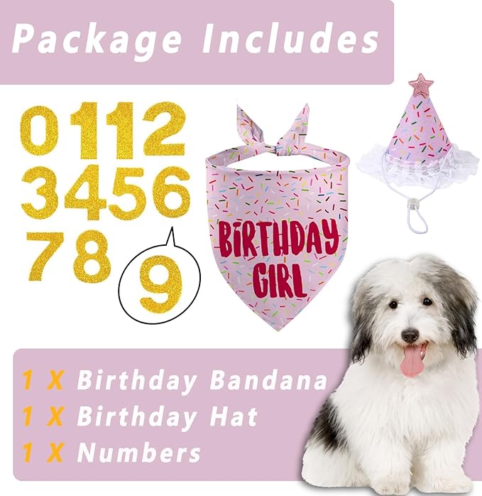 Dog Birthday Bandana Set, Light Pink Birthday Girl Decorations, HBD Party Supplies with Hat Bandana Numbers for Pets (Light Pink)