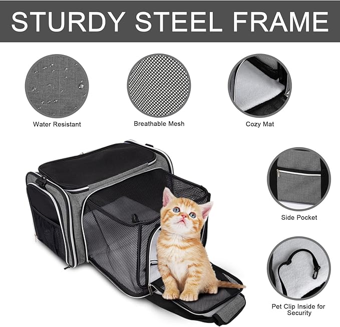 BAGLHER Expandable Cat Carrier with Travel Litter Box, Pet Travel 5 Sides Open Doors 3 Sides, Leak-Proof and Collapsible, for Car, Airplane Trip, Grey