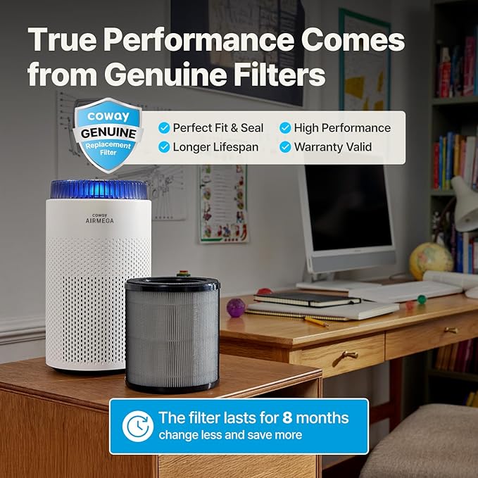 COWAY Air Purifiers for Bedroom Home up to 450 ft², Particulate Filter for Smoke, Allergies, Pet Dander, AQI Monitor, Auto&Sleep Mode, Timer, Filter Indicator, Night Light, 3yr Warranty, 50 White