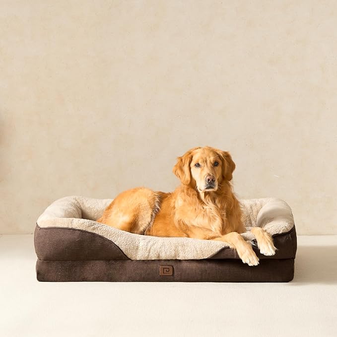 EHEYCIGA Orthopedic XL Dog Bed for Large Sized Dog, 42x30x7.5 Inch Extra Large Memory Foam Dog Couch Bed with Sides, Waterproof Liner & Washable Removable Cover, Bolster Pet Sofa, Brown