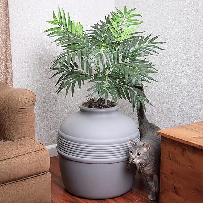 Good Pet Stuff Hidden Litter Box Planter, Decorative Cat Litter Enclosure with Carbon Filter, Artificial Plant, Easy Clean, Improved Design, Round Style, Base Kit, Pebble Gray