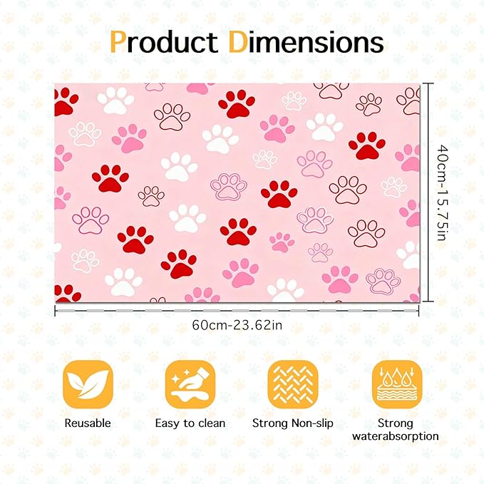 Puppy Paw Print Pet Feeding Mat 24x16 Inch Cute Pet Feeding Area Mat Pet Food Mat Pet Mats for Food and Water Dog Mat for Food and Water Indoor Feeding Corner Kitchen Floor Decor
