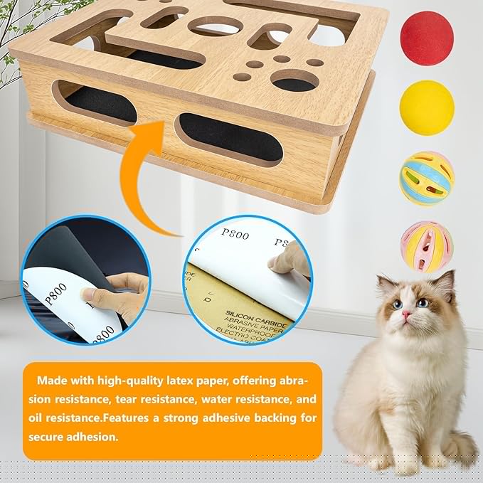 Interactive Wooden Cat Scratch Puzzle Enrichment Box,Cat Nail File Enrichment Box, Features Built in Sandpaper to Help Trim Claws During Play. (Burlywood Color)